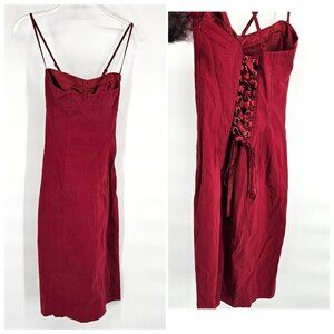 Express Spaghetti Strap Midi Pencil Dress 6 Red Corset Lace-Up Back Stretch